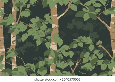 Camouflage pattern with leaves and tree trunk.Realistic forest camouflage. Seamless pattern. Conifer tree, branches and leaves. Useable for hunting and military purposes.