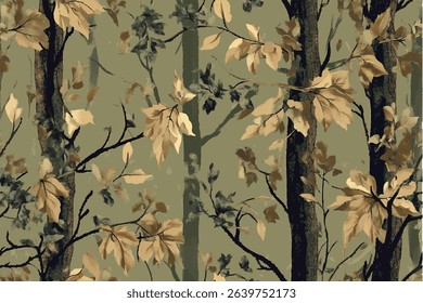 A camouflage pattern with leaves and tree trunks for hunting, featuring brown, green, black, and tan colors. Tree forest camouflage seamless pattern design pattern for hunting and military uniform. 