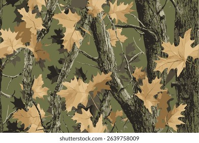 A camouflage pattern with leaves and tree trunks for hunting, featuring brown, green, black, and tan colors.Realistic forest camouflage. Seamless pattern. Vector camouflage pattern. Deer hunting BG.