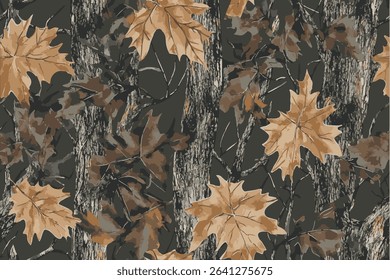 A camouflage pattern with leaves and tree trunks for hunting, featuring brown, green, black, and tan colors. Vector Illustration, Fit for military and outdoor activities.