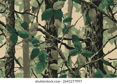 A camouflage pattern with leaves and tree trunks, designed for hunting in the woods. Seamless Pattern, Vector Illustration