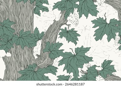 Um padrão de camuflagem com folhas e troncos de árvores.Camuflagem florestal realista. Padrão contínuo. Árvore conífera, ramos e folhas.