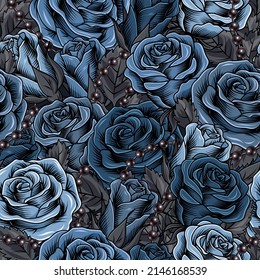 Camouflage pattern with lush blooming blue roses, gray leaves, black pearls. Dense composition with overlapping elements. Good for female apparel, fabric, textile, sport goods.