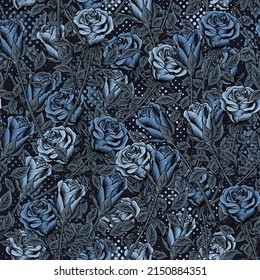 Camouflage pattern with lush blooming blue roses, gray leaves, round halftone shapes. Dense composition with overlapping elements. Good for female apparel, fabric, textile, sport goods.