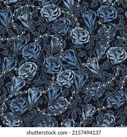 Camouflage pattern with lush blooming blue roses with stems, gray leaves, silver ball chains. Dense composition with overlapping elements. Good for female apparel, fabric, textile, sport goods.