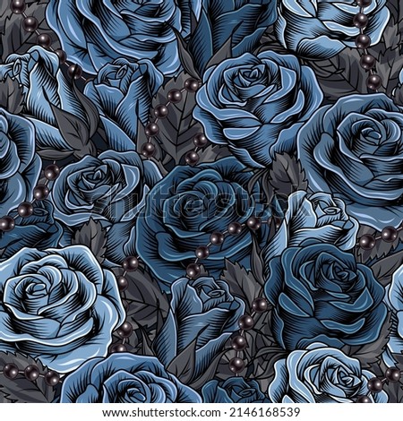 Camouflage pattern with lush blooming blue roses, gray leaves, black pearls. Dense composition with overlapping elements. Good for female apparel, fabric, textile, sport goods.