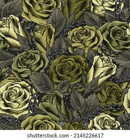 Camouflage pattern with lush blooming green roses, gray leaves, stainless chains. Dense composition with overlapping elements. Good for female apparel, fabric, textile, sport goods.
