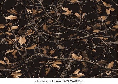 A camouflage pattern made of branches and leaves, with a dark background and a seamless design. Realistic forest camouflage. Seamless pattern. Hunting camo texture, Abstract camouflage.