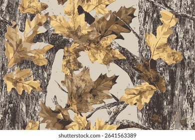 A camouflage pattern made of brown and green leaves on the branches, in an illustration style with a flat background. Real Tree Camouflage pattern for military and outdoor activities.
