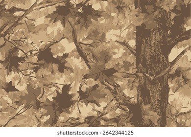  A camouflage pattern made of brown and green leaves on the branches, in an illustration style with a flat background.Real tree forest camouflage seamless pattern design pattern for hunting.