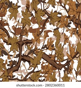 A camouflage pattern made of brown and green leaves, tree branches. The background is an intricate design of light-brown wood with visible grain patterns
