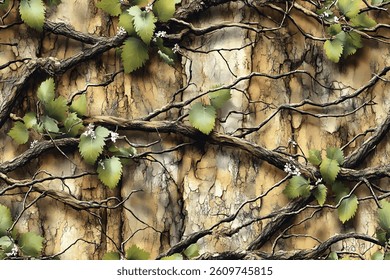 A camouflage pattern made of real tree branches and green leaves, with an American-style camo design for hunting in the woods