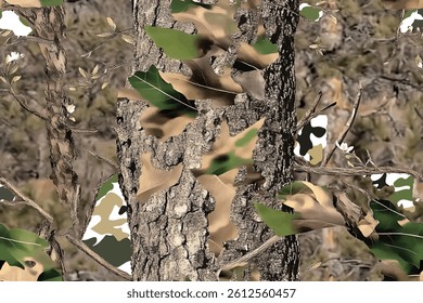 A camouflage pattern made of real tree branches and green leaves, with an American-style camo design for hunting in the woods.