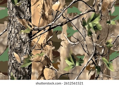 A camouflage pattern made of real tree branches and green leaves, with an American-style camo design for hunting in the woods.