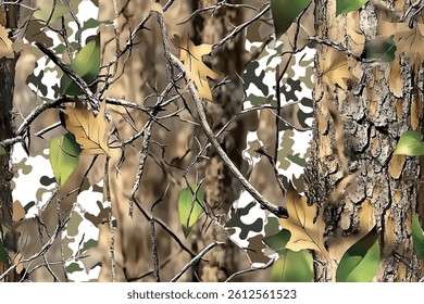 A camouflage pattern made of real tree branches and green leaves, with an American-style camo design for hunting in the woods.