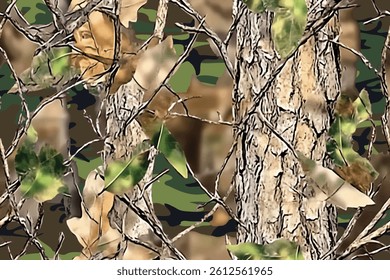 A camouflage pattern made of real tree branches and green leaves, with an American-style camo design for hunting 