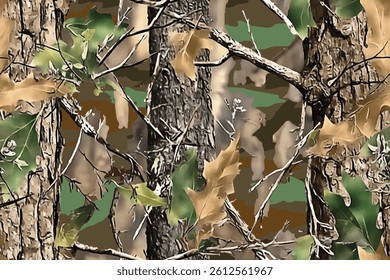 A camouflage pattern made of real tree branches and green leaves, with an American-style camo design for hunting 