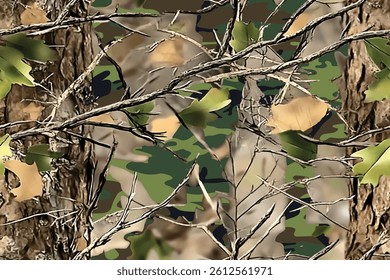 A camouflage pattern made of real tree branches and green leaves, with an American-style camo design for hunting 