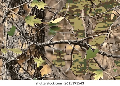 A camouflage pattern made of real tree branches and green leaves, with an American-style camo design