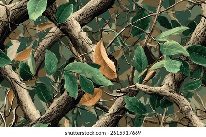 A camouflage pattern made of real tree branches and green leaves, with an American-style camo design for hunting in the woods. The background is a close