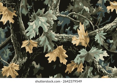 A camouflage pattern made of real tree branches and green leaves, with an American-style camo design for hunting in the woods.