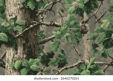 Um padrão de camuflagem feito de folhas e galhos realistas. Um verdadeiro padrão de design de camuflagem de floresta árvore sem costura para caça e uniforme militar. Caça à camuflagem.
