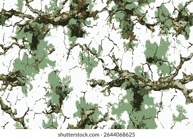 A camouflage pattern made of tree branches and cracked ground, with earth tones of green on a white background.Forest real tree camouflage design. Hunting camouflage. Army hunting camouflage 