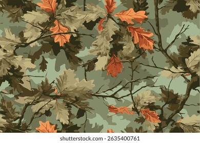 A camouflage pattern with oak leaves and branches. Real tree forest camouflage seamless pattern design pattern for hunting and military uniform. Hunting camouflage background. 