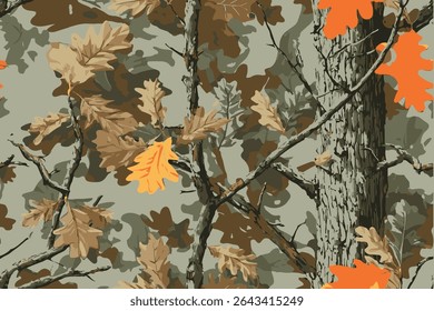 A camouflage pattern with oak leaves and branches, designed for hunting camouflage, featuring brown foliage on a green background.Hunting camouflage seamless pattern design. Vector hunting camo BG.