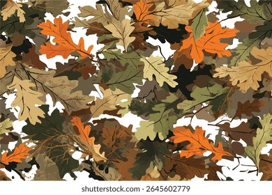 Um padrão de camuflagem com folhas de carvalho, perfeito para a caça e atividades ao ar livre. Caça à camuflagem. Padrão de camuflagem. Resumo da câmera. Camuflagem vetorial