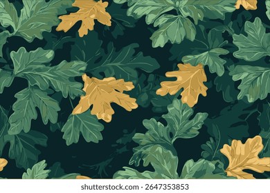 Um padrão de camuflagem com folhas de carvalho e troncos de árvore. Padrão de camuflagem de caça ao vetor. Padrão de camuflagem de árvore real sem costura. Fundo de camuflagem de caça. Projeto de camo militar.