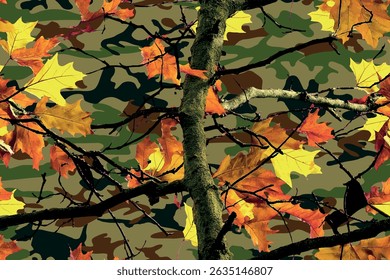 A camouflage pattern of oak tree branches and leaves. Seamless Forest Camo Featuring Real Tree Design for Military and Hunting Use