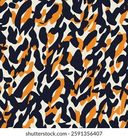 camouflage pattern of orange, black and white colors combined in irregular and organic shapes