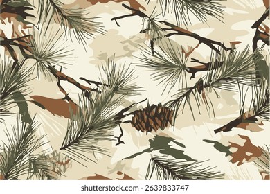 A camouflage pattern with pine branches and grasses, in shades of brown, green, beige, and white.Pine Tree Forest Camouflage with Real Tree Branches and Leaves for Hunting and Military Use. 