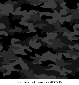 Camouflage pattern seamless background. Vector abstract fabric texture. Dark black monochrome camo illustration. svg