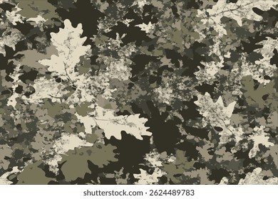 A camouflage pattern with shades of green and gray, designed for military or field use.Seamless Military Camouflage Pattern Green, Tan, and Black Textured Background for Tactical and Outdoor Use.
