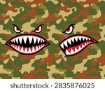 Camouflage pattern with shark teeth mouth design - aggressive military print concept