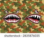 Camouflage pattern with shark teeth mouth design - aggressive military print variation concept