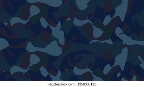 Camouflage pattern texture. Abstract dark blue green modern vector military camo backgound. Fabric textile print template. Vector illustration.