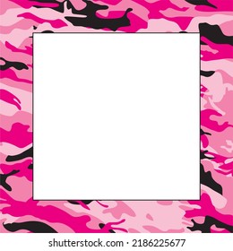 Camouflage pattern texture in pink shades. White sheet. Empty space. Border or frame.