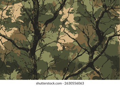 A camouflage pattern with tree branches and leaves, designed for military or outdoor activities. camouflage pattern made of real tree branches and green leaves.