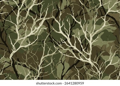 A camouflage pattern with tree branches and leaves, designed for military or outdoor activities.Realistic hunting camouflage seamless pattern design. Forest barks, stems, leaves camouflage background
