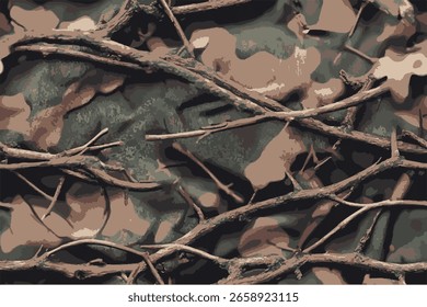 Camouflage pattern with tree branches and twigs.A vector camouflage pattern with an oak tree theme, featuring leaves and branches in earthy tones against a background of brown foliage for hunting.