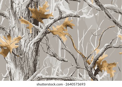 Camouflage pattern with tree branches and twigs.Realistic forest camouflage pattern for hunting. Hunting Seamless pattern. Conifer tree, branches and leaves. Useable for hunting and military.