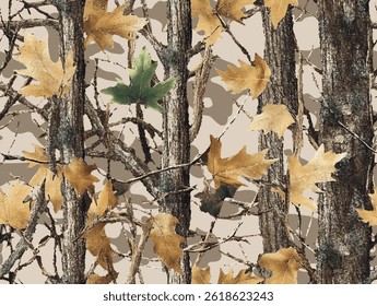 Camouflage pattern. Vector hunting seamless pattern. Forest background. Jungle texture. Oak tree pattern. Hunting camo. Digital camouflage design. Tree barks, leaves, stems background