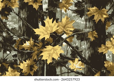 Padrão de camuflagem. Padrão sem costura de caça ao vetor. Fundo da floresta. Textura da selva. Padrão de carvalho. Campanha de caça.  Cascas de árvores, folhas, fundo militar