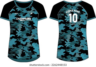 Patrón de camuflaje Mujeres Deportes Jersey diseño de camisetas planas Esbozo Ilustración, camiseta de cuello redondo para y Damas Voleibol jersey, Fútbol, Fútbol, netball y tenis, Juego de uniformes deportivos para deportes