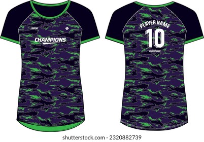 Camouflage pattern Women Sports Jersey t-shirt design flat sketch Illustration, round Neck t shirt for and Ladies Volleyball jersey, Football, Soccer, netball and tennis, Sport uniform kit for sports