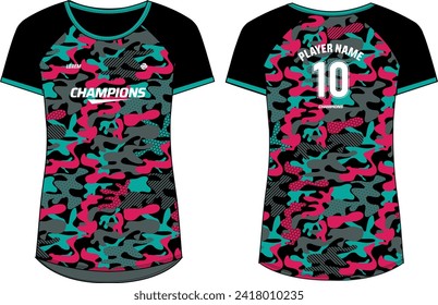 Camouflage pattern Women Sports Jersey t-shirt design flat sketch Illustration, round Neck t shirt for and Ladies Volleyball jersey, Football, Soccer, netball and tennis, Sport uniform kit for sports