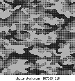 Camouflage pixel gradient halftone seamless pattern. Abstract modern military camouflage ornament of square tiles. Fabric and fashion print background. Vector illustration.